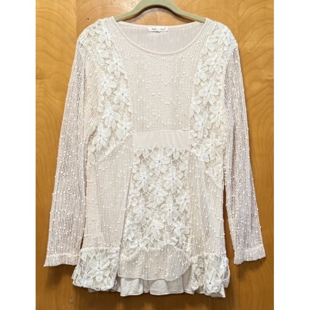 Indigo Soul Womens Tunic Lace Knit Layered Overlay Long Sheer Sleeves Cream Sz L